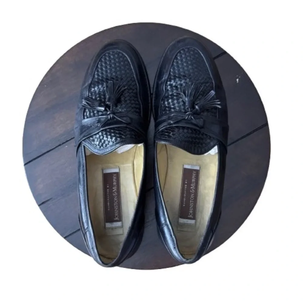 Johnston & Murphy 10.5 Black Leather Woven Tassel Loafer Shoes Mens Preppy - Picture 7 of 10